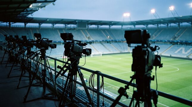 Professional broadcasting television cameras on tripods lined up inside large stadium for filming live sporting event matches during evening hours