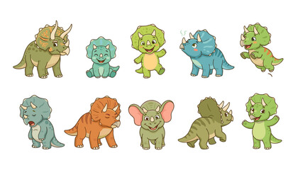 Playful cartoon baby triceratops dinosaur vector characters set with expressive funny emotions isolated on white background © MdNipon
