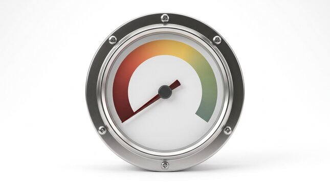 3D metal gauge meter with needle pointing to the critical red zone, isolated on white. Represents high risk, economic crisis, danger, poor performance, and low levels