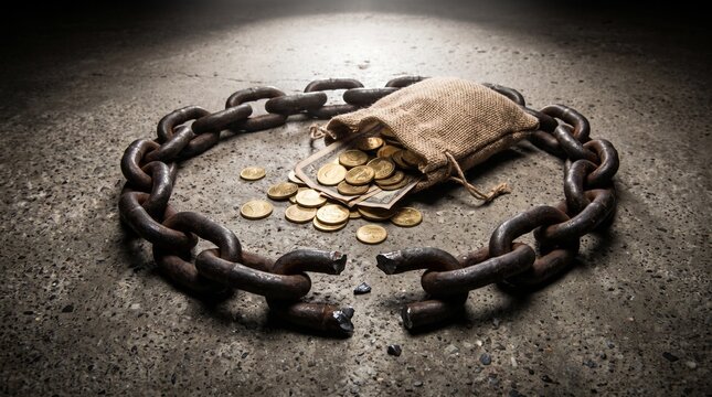 Broken rusty chain around a sack of gold coins and cash on concrete. Powerful conceptual image for financial freedom, breaking free from debt, escaping poverty, and economic crisis recovery