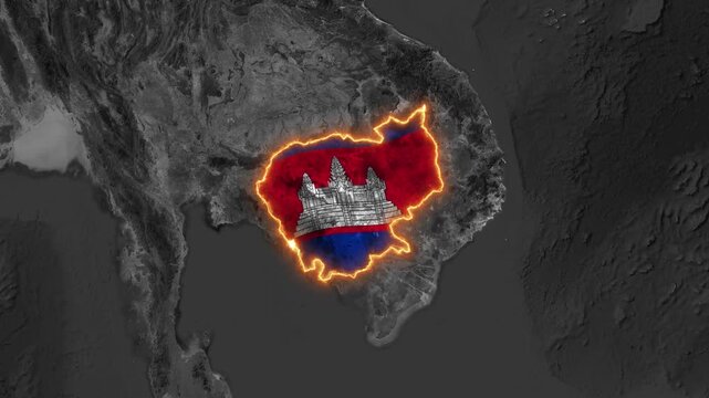 3D Dark Satellite Map Animation Highlighting Cambodia with Flag Fill Overlay