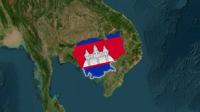 3D Satellite Map Animation Highlighting Cambodia with Flag Fill and Waving National Flag