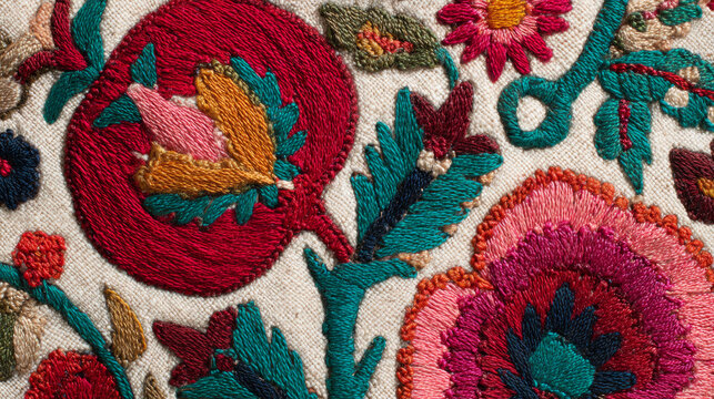 Close-Up of Traditional Pomegranate-Shaped Design from Suza, Azerbaijani Cultural Ornament and Decorative Art