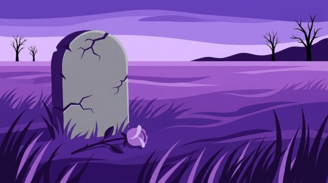 Stylized cracked tombstone with a rose sits in a purple misty field under dark clouds Halloween Concept Design