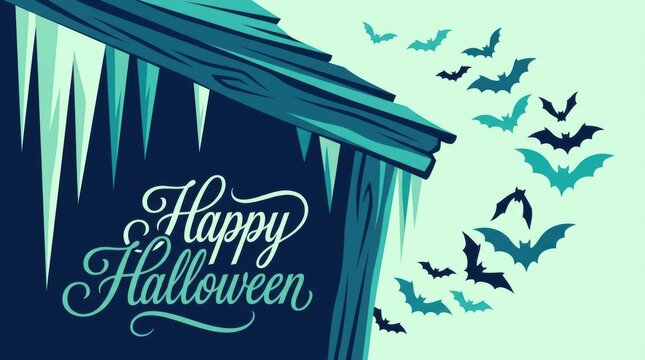 Stylized dark teal shack corner with jagged accents and flying bats around elegant 'Happy Halloween Concept Design