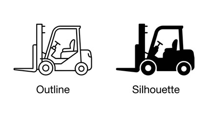 Forklift Outline and Silhouette: Two clear depictions of a forklift, one as a simple outline and the other as a solid silhouette, representing industrial machinery. © mahmuda