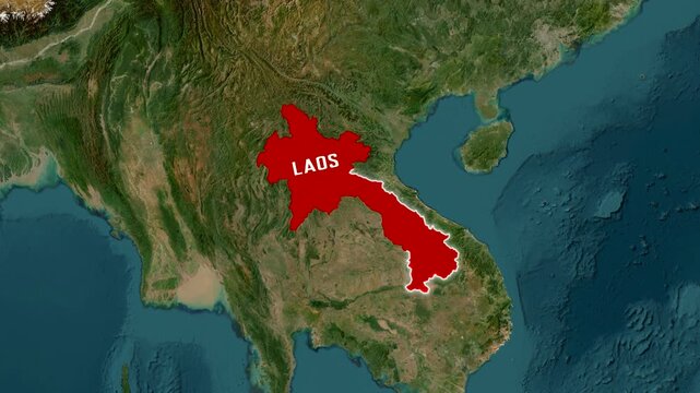 3D Satellite Map Animation Highlighting Laos with Text Overlay and Waving National Flag