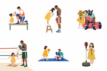 Fototapeta premium Vector illustration set featuring a professional male boxer and his young daughter in various scenes of training, support, and affection within a sports and gym environment.