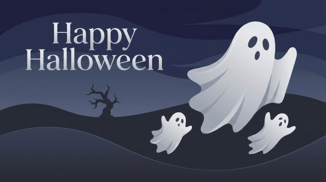 Whimsical white cartoon ghosts float across a dark blue spooky night landscape with a bare Halloween Concept Design