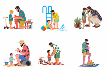 Fototapeta premium Vector Illustration Set of Father and Son Bonding in Summer Activities; Caring Dad Fixing Scooter, Applying Sunscreen at Pool, Playing at Beach, Picnic and Daily Parenting Moments.