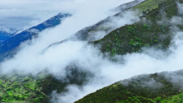 Aerial view of the summer landscape in Shuangqiao Valley Scenic Area of Mount Siguniang, Aba Prefecture, Sichuan, China, with mist-shrouded mountains