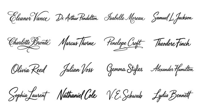 Calligraphy signature set, handwritten names sample sheet, elegant cursive lettering, professional formal script font, vintage penmanship design, luxury branding identity kit