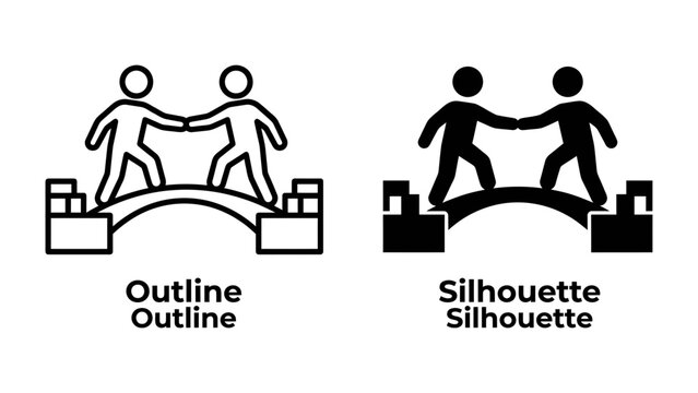 Bridging Divide: Two stick figures representing people on a bridge, shaking hands to symbolize connection and unity, presented in both outline and silhouette graphic styles.