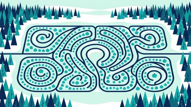 Vibrant teal maze featuring pumpkins and pine trees in a snowy landscape for a Halloween Concept Design