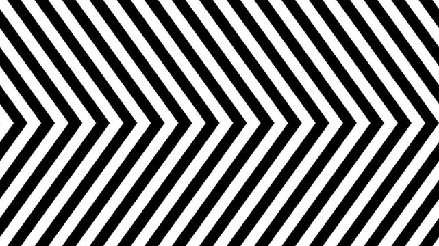Fast black and white chevrons move right in a seamless optokinetic loop. Energetic directional pattern supports vestibular training, visual tracking, neurology, and medical education.
