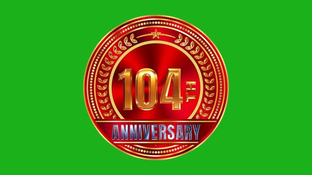 Luxury 104th anniversary golden badge with radiant red metallic texture glowing light effects on green screen 4k video