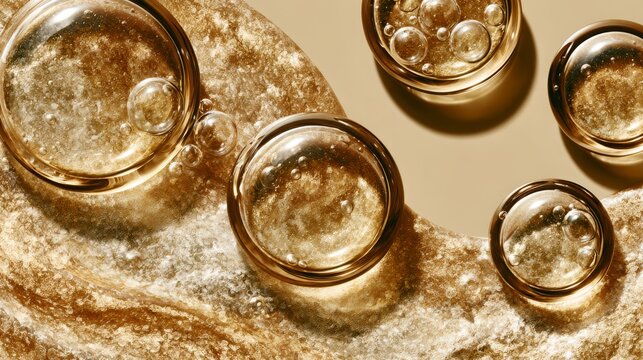 Gold serum bubbles layered over skin, skincare beauty concept 