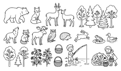 Fototapeta premium Wildlife and nature collection featuring bears, deer, foxes, rabbits, birds, trees, plants and outdoor activities