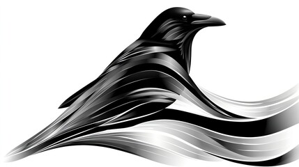 Naklejka premium Abstract black and white raven with flowing curved lines on white background