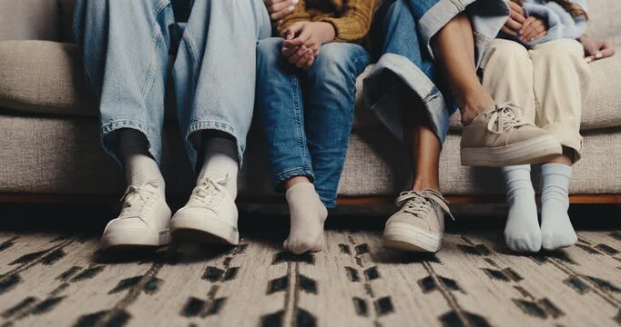 Legs, family and wait on sofa for bonding together, kids and parents on break with connection in house. Shoes, children and people on couch in living room for relax, love and comfort in home lounge