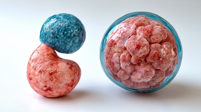 Prostate Cancer Awareness Month: 3D CGI medical render of a healthy prostate gland versus an enlarged prostate gland side by side, semi-transparent glass-like tissue rendering