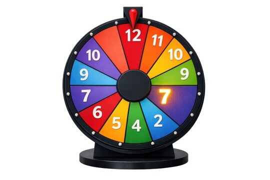 A spinning wheel with colored sections and numbers on a black stand, ideal for game shows or entertainment purposes