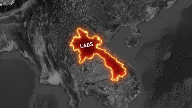 3D Dark Satellite Map Animation Highlighting Laos with Text Overlay