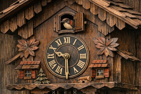 A traditional wooden cuckoo clock with a bird perched on top, perfect for decorating an office or home