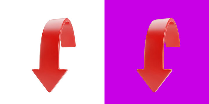 Red curved glossy down arrow 3d render icon symbol