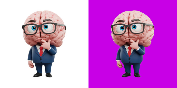 Smart cartoon brain character wearing suit glasses 3D