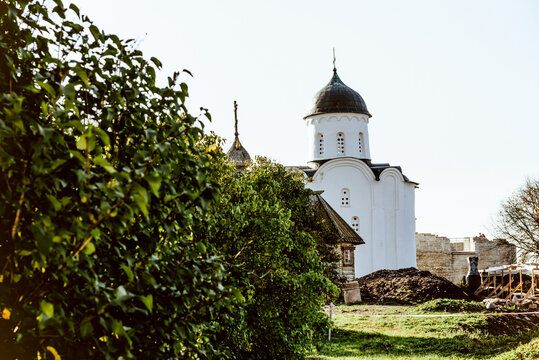 Orthodox cathedral church kirk with golden domes and crosses, exterior outside