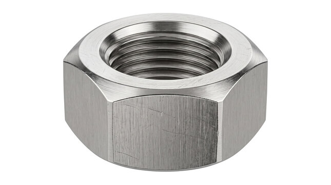 Stainless steel hex nut with internal threading, industrial metal fastener for construction, brushed silver hardware component isolated PNG with Transparent Background