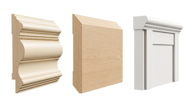 Architectural wood molding profiles, decorative timber baseboard samples, classic interior trim carpentry set for home renovation isolated PNG with Transparent Background