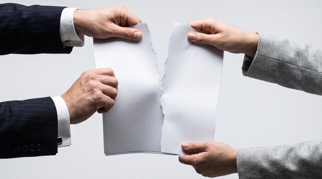 Hands of two business people tearing a blank paper document apart. Powerful concept for broken contracts, business conflict, partnership dissolution, divorce, and canceled agreements
