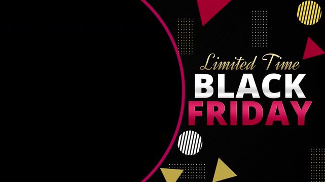 A stylish Black Friday promotional video overlay template featuring bold black, gold, and red geometric design elements. Includes a transparent circular frame placeholder for custom media insertion