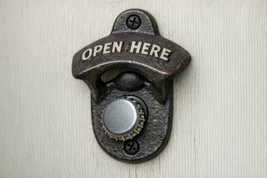 A bottle opener with the words 'Open Here' printed on it, ideal for use at parties or gatherings