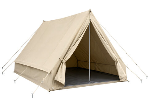Vintage canvas camping tent, beige scout shelter, classic outdoor ridge tent isolated on Transparent Background