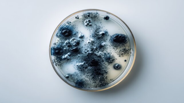 Petri dish with growing colonies of black mold on agar, top view. Great for science, medicine, research, or laboratory-themed designs.