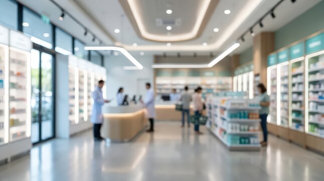 blurred wide view of a modern bright pharmacy interior with medical staff in white coats and customers browsing product shelves.