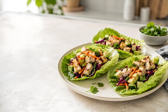 Healthy chicken lettuce wraps with fresh vegetables on a white plate