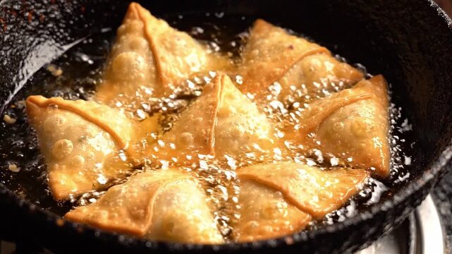 Triangular pastry frying in hot oil until crisp and golden. Traditional snack preparation with bubbling oil and deep frying technique.