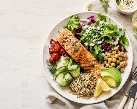 Grilled salmon fillet with quinoa, avocado, and fresh salad on a plate
