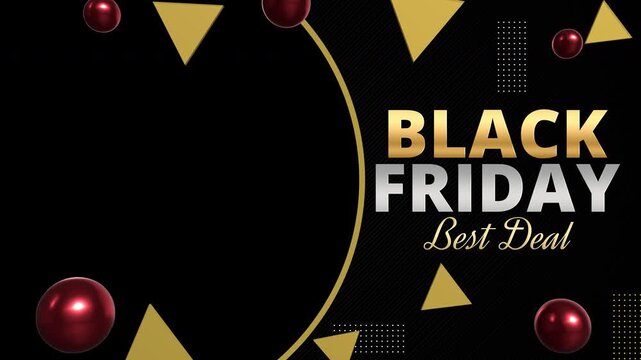 A stylish Black Friday promotional video overlay template featuring bold black, gold, and red geometric design elements. Includes a transparent circular frame placeholder for custom media insertion