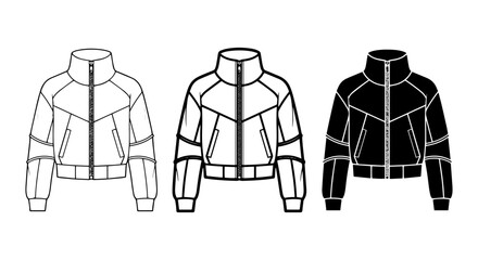 Track Jacket Vector Illustrations, Set of 3 Athletic Outerwear Designs, Black and White Fashion Apparel Icons © md