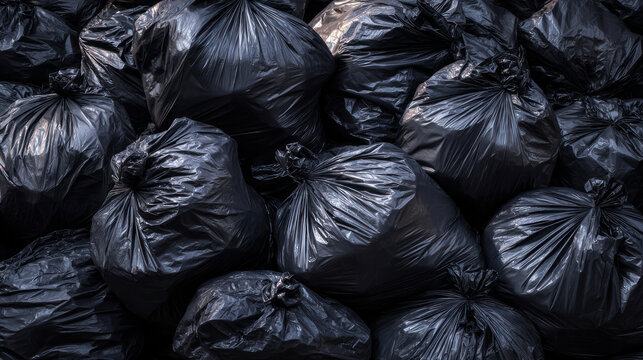 Pile of Black Polyethylene Garbage Bags Isolated on White Background, Plastic Trash Waste Bags