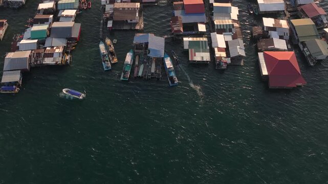 Bajau Laut Floating VIllage. A Huge Town of Sea Gypsies in Sabah, Malaysia. Aerial Shot of Indigenous Asian Nation.