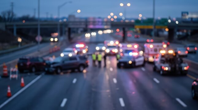 A cinematic blurred bokeh shot of a major multi-vehicle accident on a freeway at night, featuring emergency responders and flashing sirens.