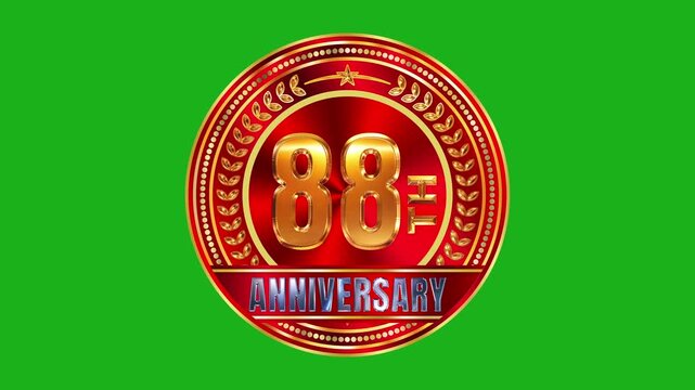 Brilliant 88th anniversary golden emblem with deep red brushed metallic pattern and bright studio reflections 4k video