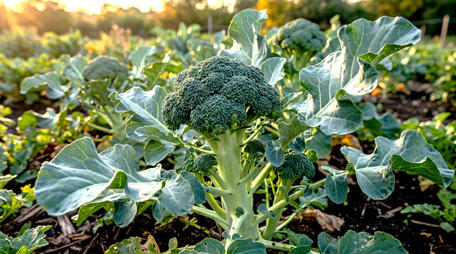 Fresh Organic Broccoli Head Growing on Plant in Agricultural Field Bed