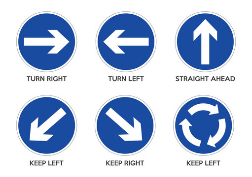 Set of blue mandatory traffic signs showing directions and keep left or right isolated on transparent background